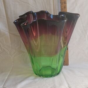 MAKORA POLAND KROSNO HAND BLOWN CASED GLASS VASE FLARED RUFFLED EDGE